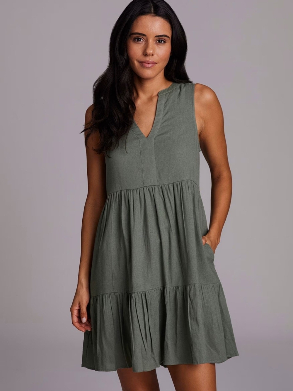 RBX Sleeveless V-Neck Tiered Linen Dress in Olive Green, NWT, Medium